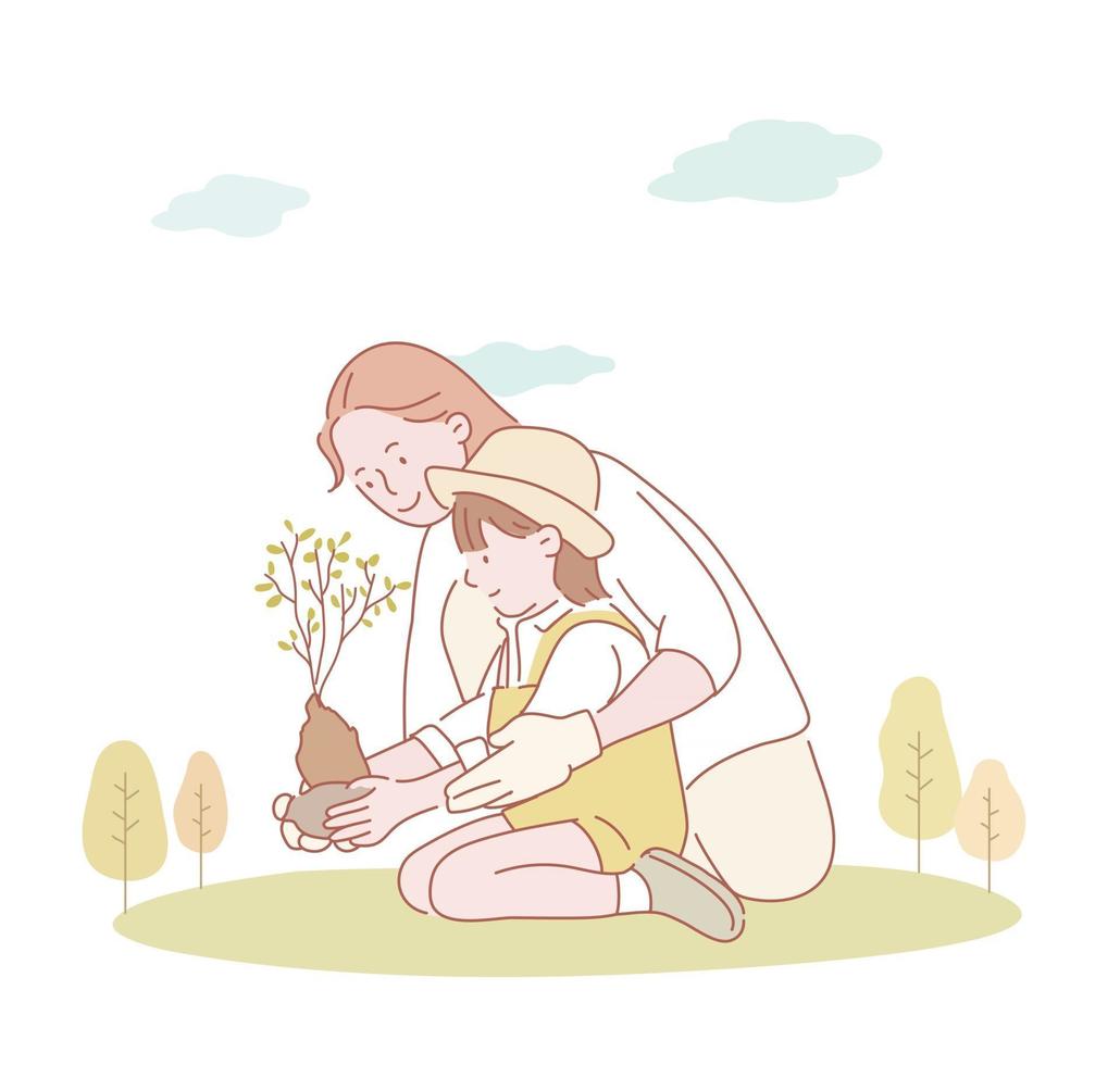 Mother and daughter are planting seedlings together. hand drawn style vector design illustrations.