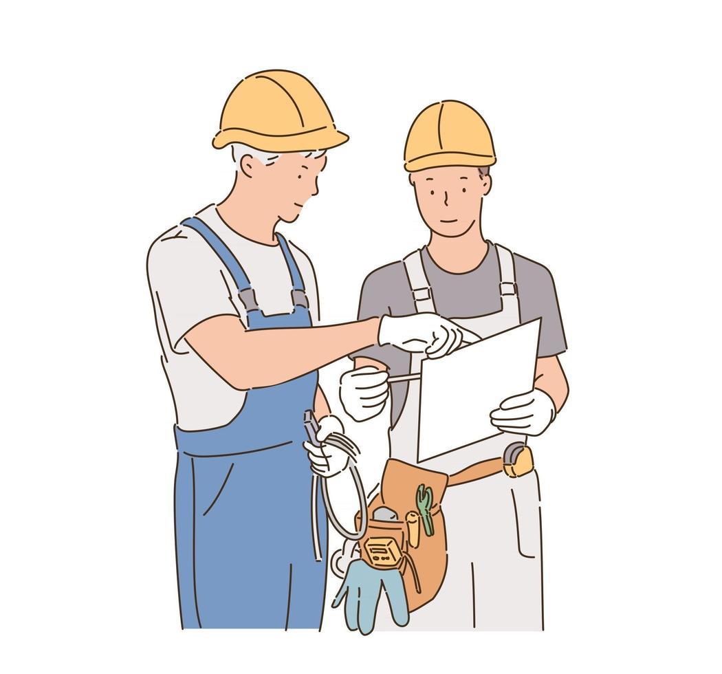 Two construction site workers are looking at the blueprints and discussing their opinions. hand drawn style vector design illustrations.