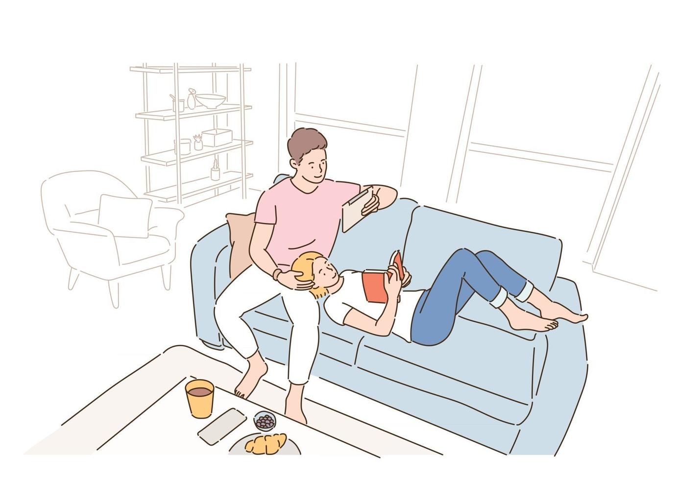 A couple is reading a book while sitting or lying on the sofa in the living room. hand drawn style vector design illustrations.