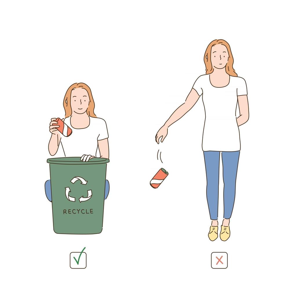 People who throw drink cans in recycling bins and people who throw them on the floor. hand drawn style vector design illustrations.