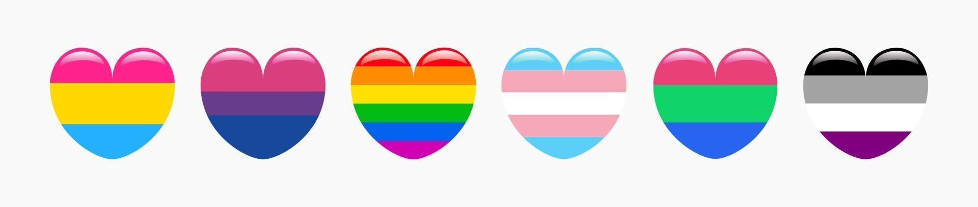 Icon Set of heart shape flags of pansexual, bisexual, gay, transgender, polisexual and asexual. Vector illustration