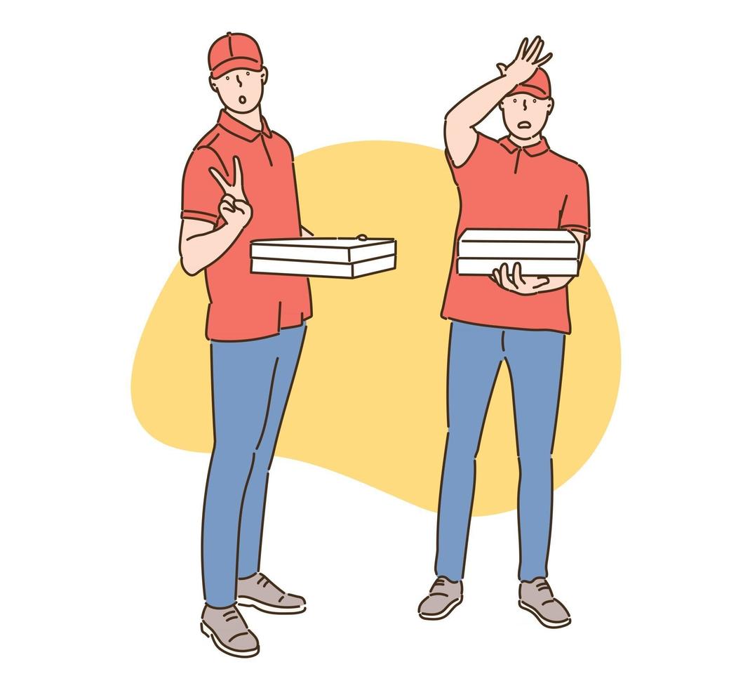 Pizza delivery man in red uniform. hand drawn style vector design illustrations.