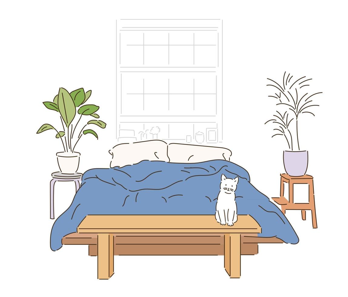 Bedroom interior with a cat. hand drawn style vector design illustrations.