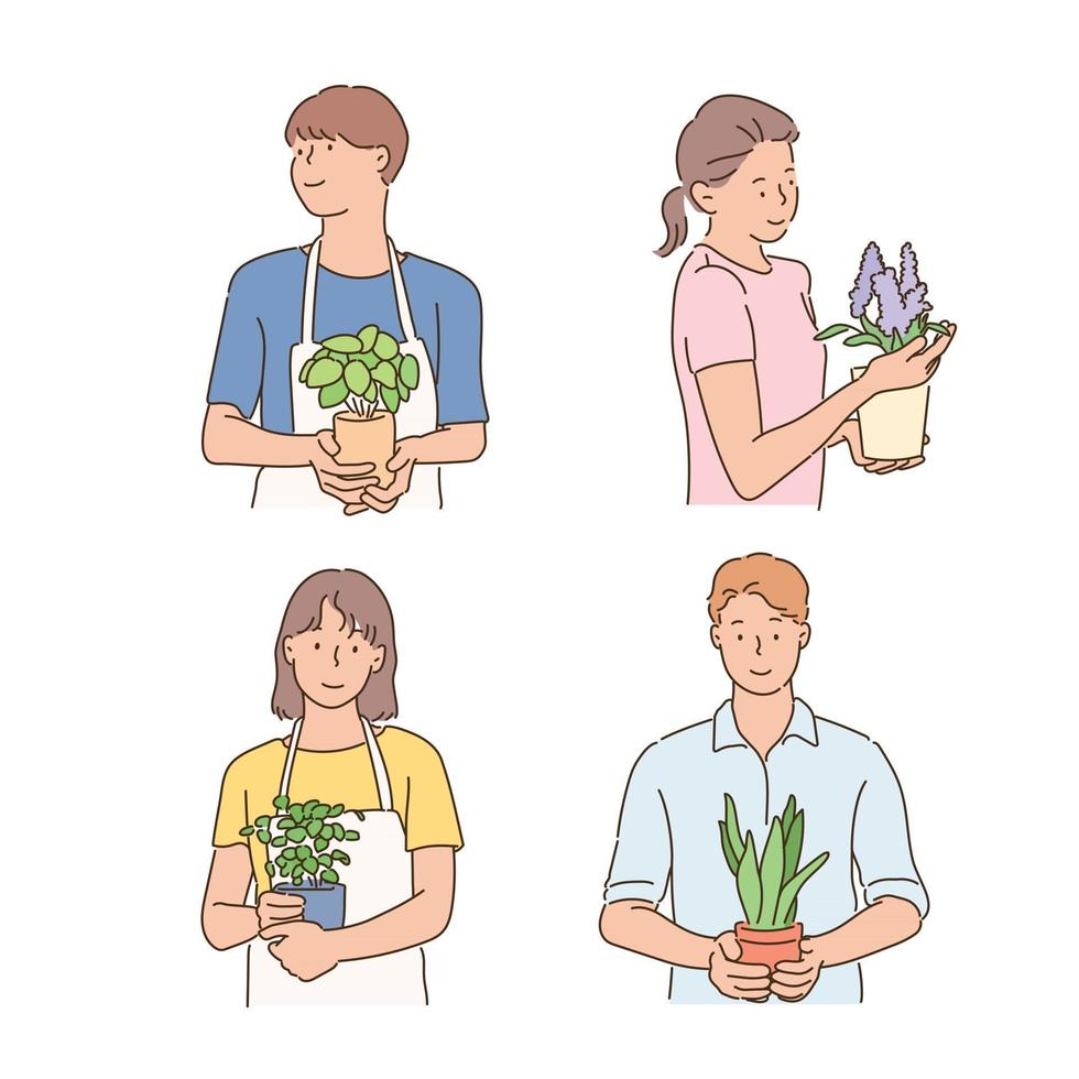 A person holds a small plant in their hands. hand drawn style vector design illustrations.