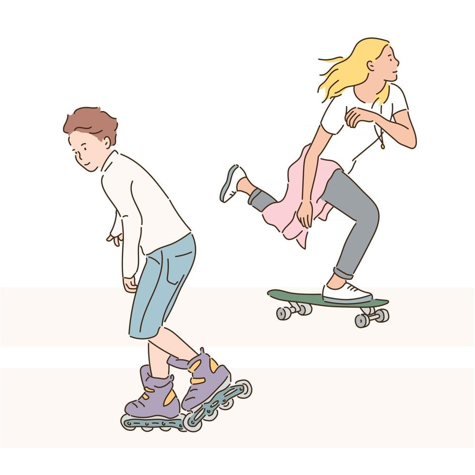 una mujer en patineta y un hombre en línea. ilustraciones de diseño de vectores de estilo dibujado a mano.