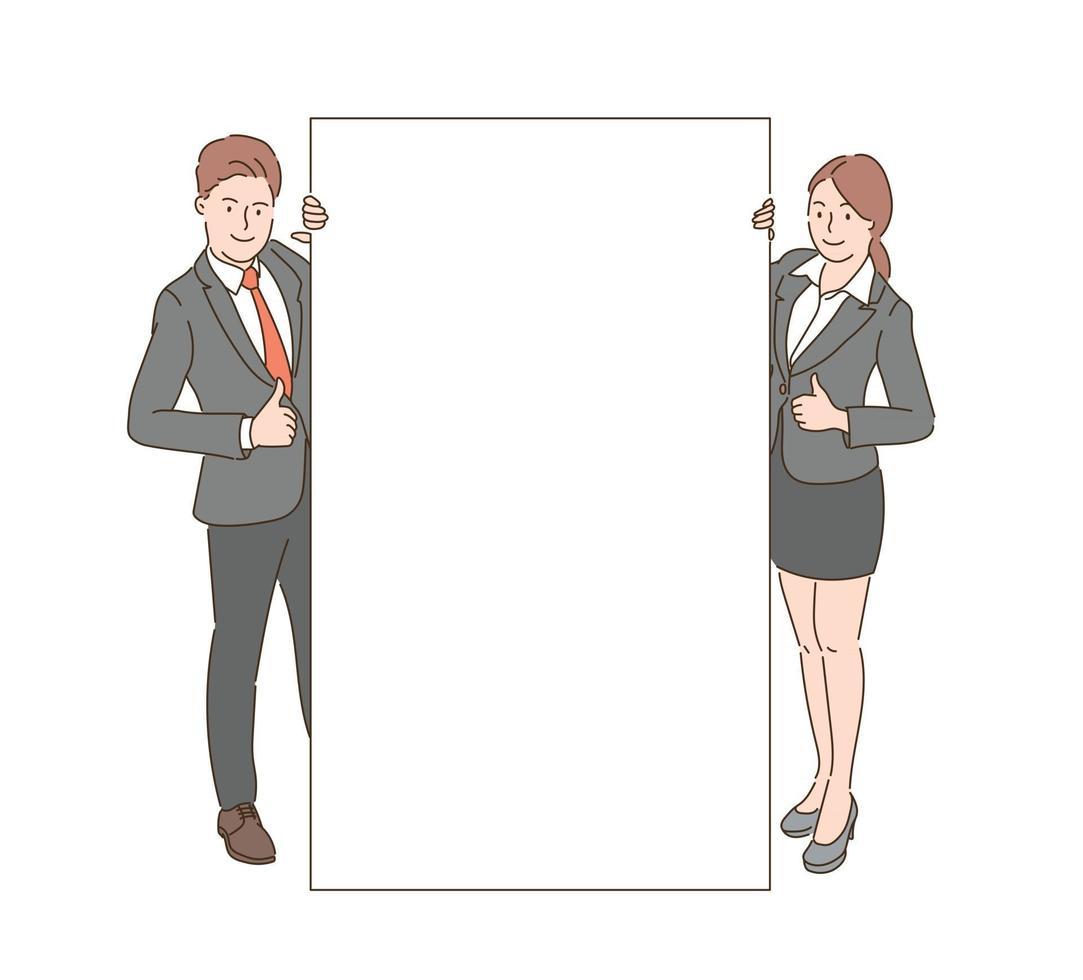 A man and a woman in suits stand with their thumbs up with a large board between them. hand drawn style vector design illustrations.