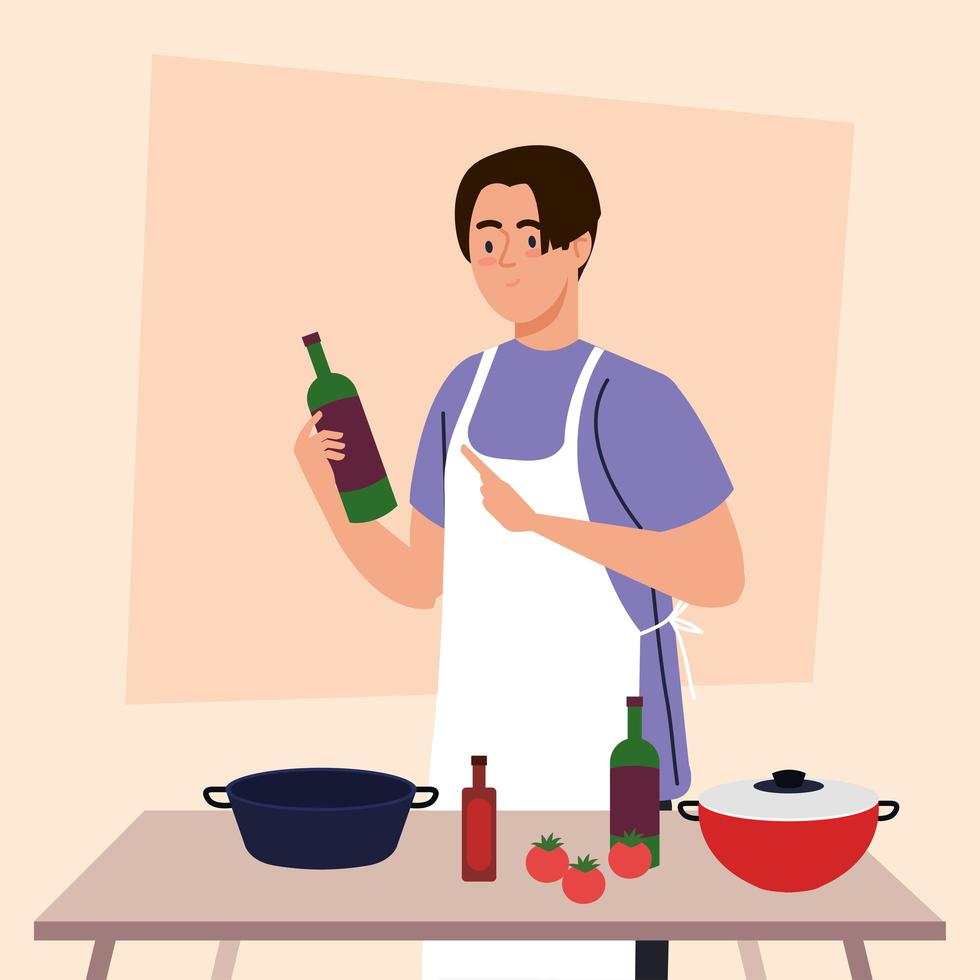 Hombre cocinando con delantal y mesa de madera con ollas, verduras y utensilios de cocina vector