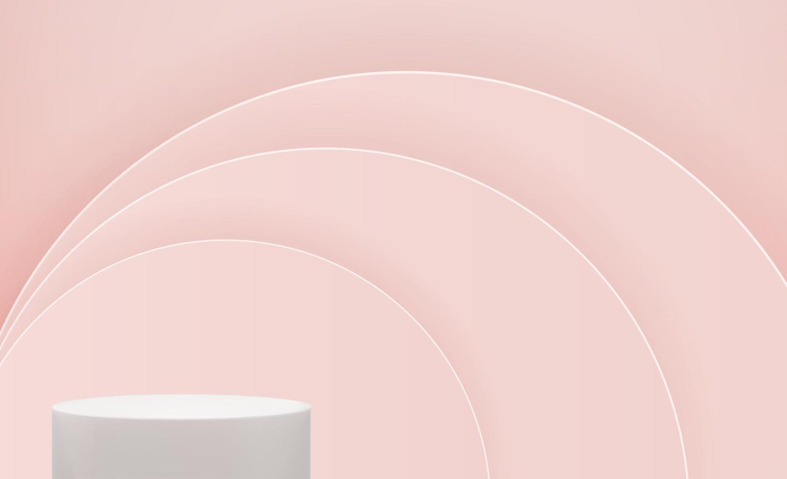 Realistic 3d pedestal over pink circle background. Trendy empty podium display for ads cosmetic product presentation. Vector illustration