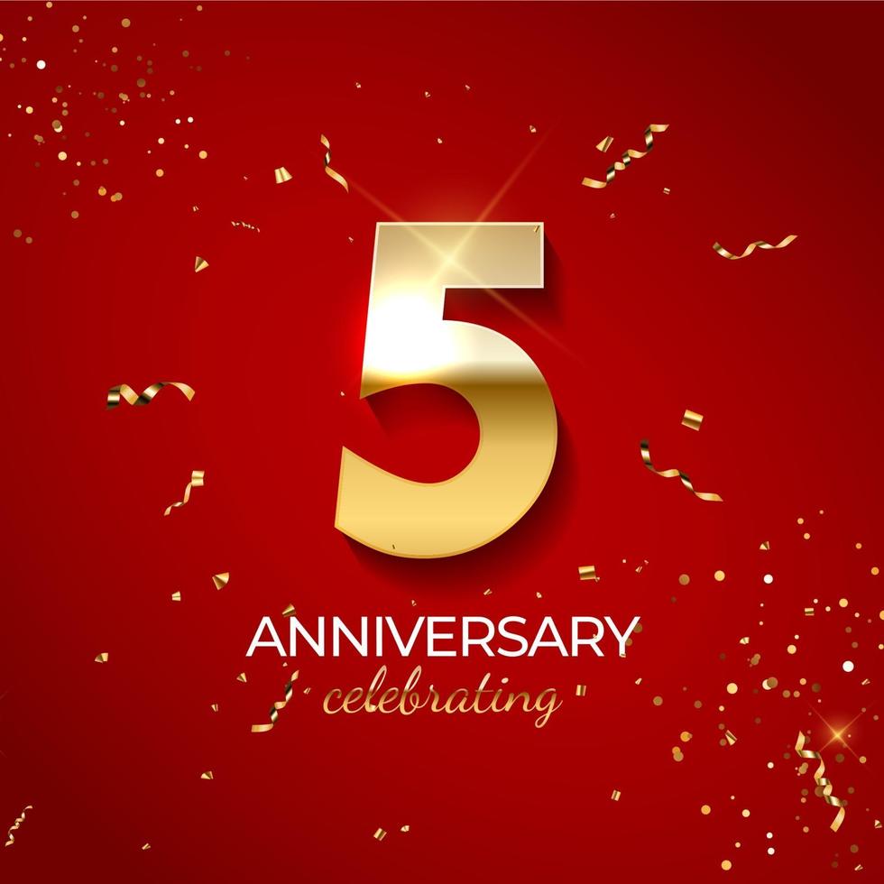 Anniversary celebration decoration. Golden number 5 with confetti, glitters and streamer ribbons on red background. Vector illustration