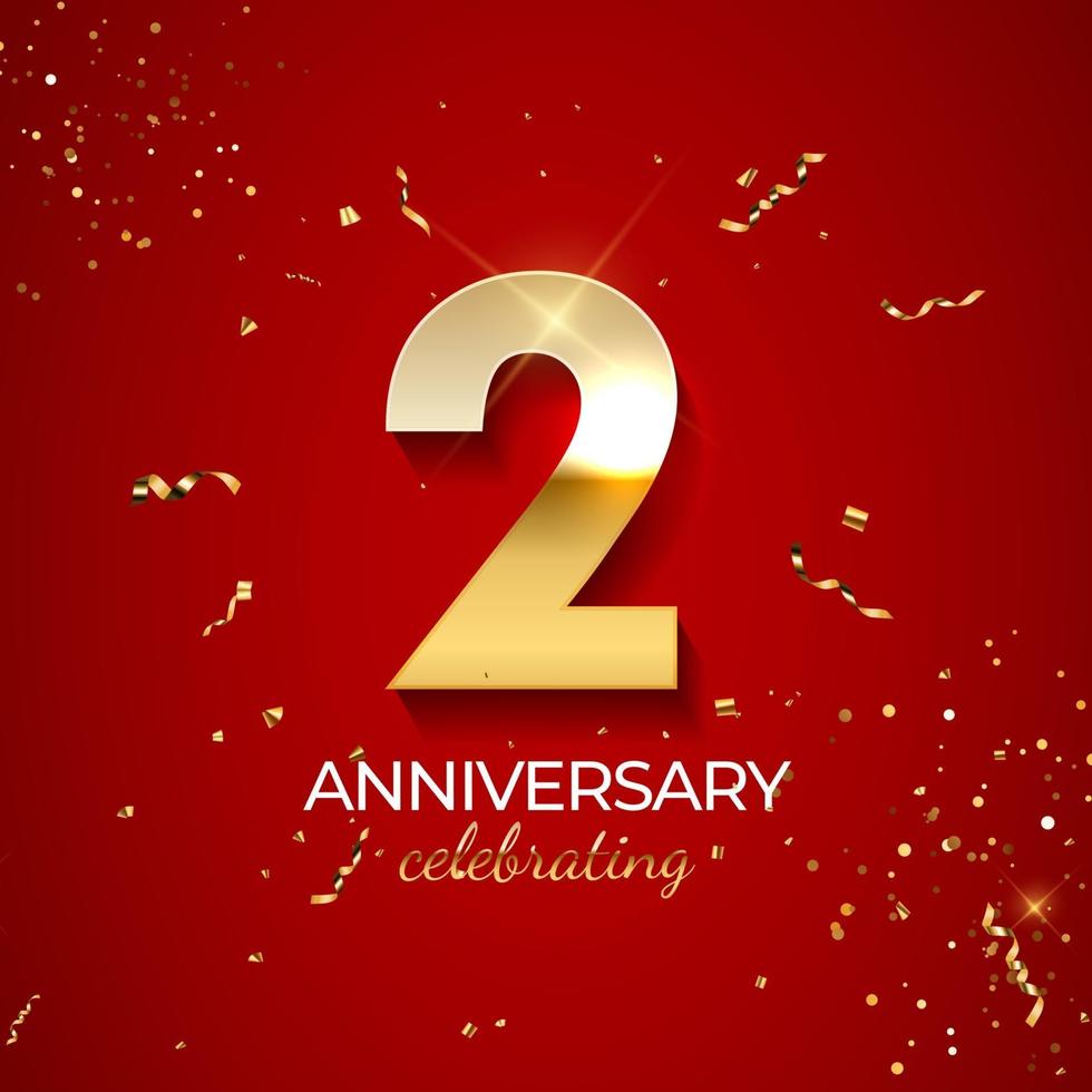 Anniversary celebration decoration. Golden number 2 with confetti, glitters and streamer ribbons on red background. Vector illustration