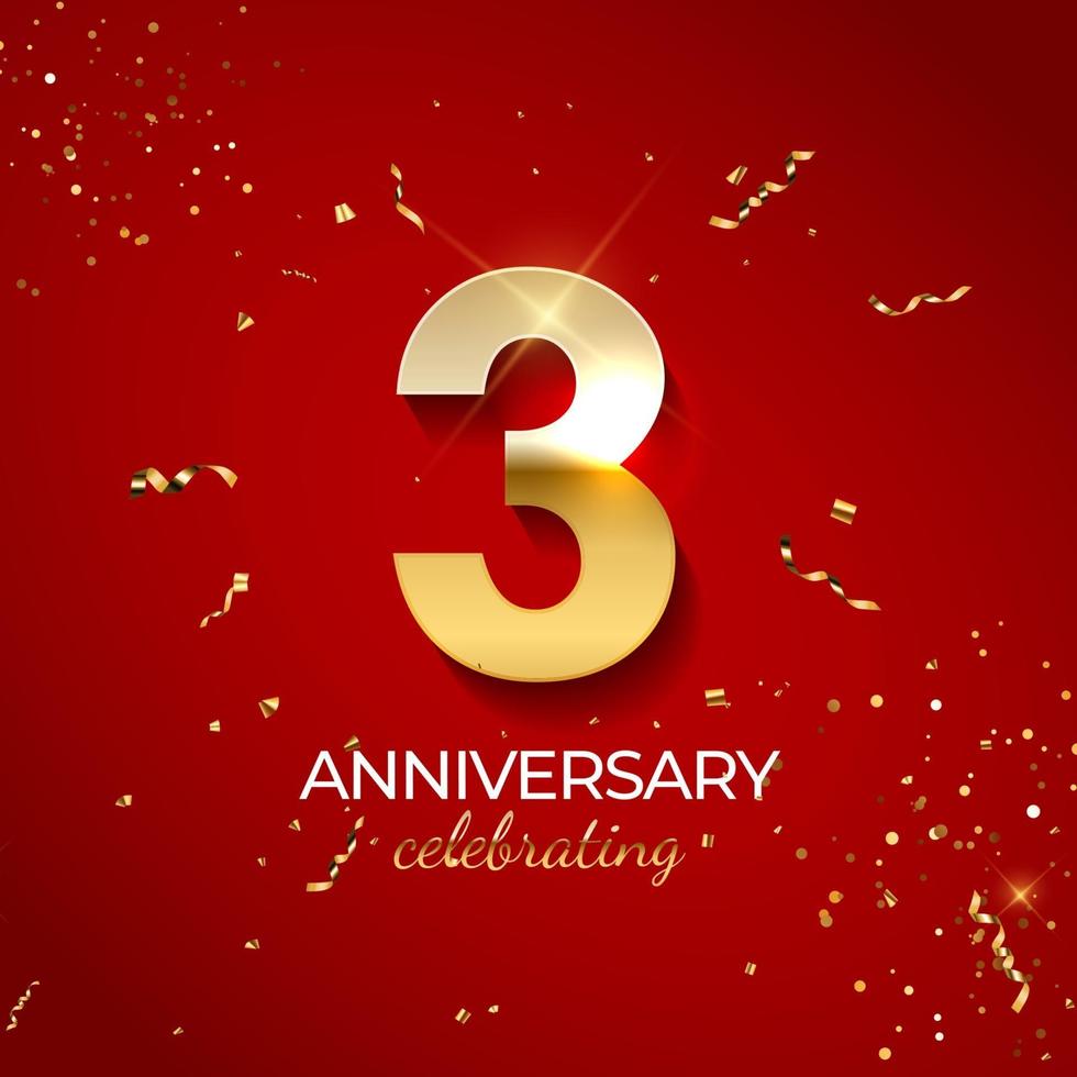 Anniversary celebration decoration. Golden number 3 with confetti, glitters and streamer ribbons on red background. Vector illustration