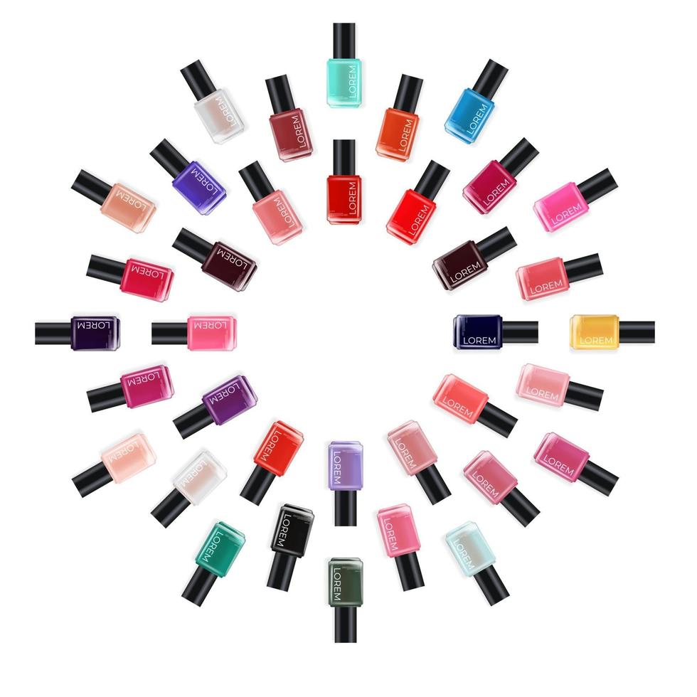 Nail polish collection on white background. Cosmetic product template for advertisement, magazine, product sample. Vector Illustration