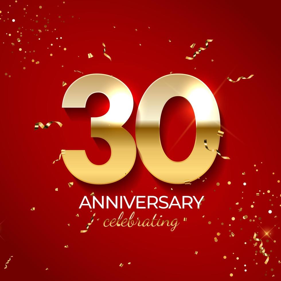 Anniversary celebration decoration. Golden number 30 with confetti, glitters and streamer ribbons on red background. Vector illustration