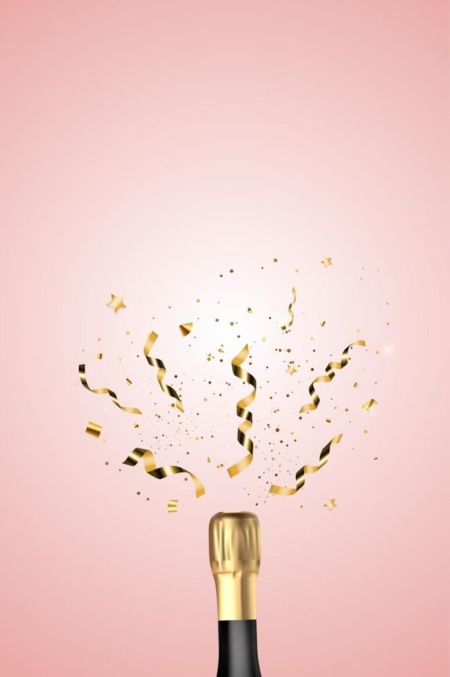 Realistic 3D champagne Golden Bottle and Glasses on Pink background. Vector Illustration