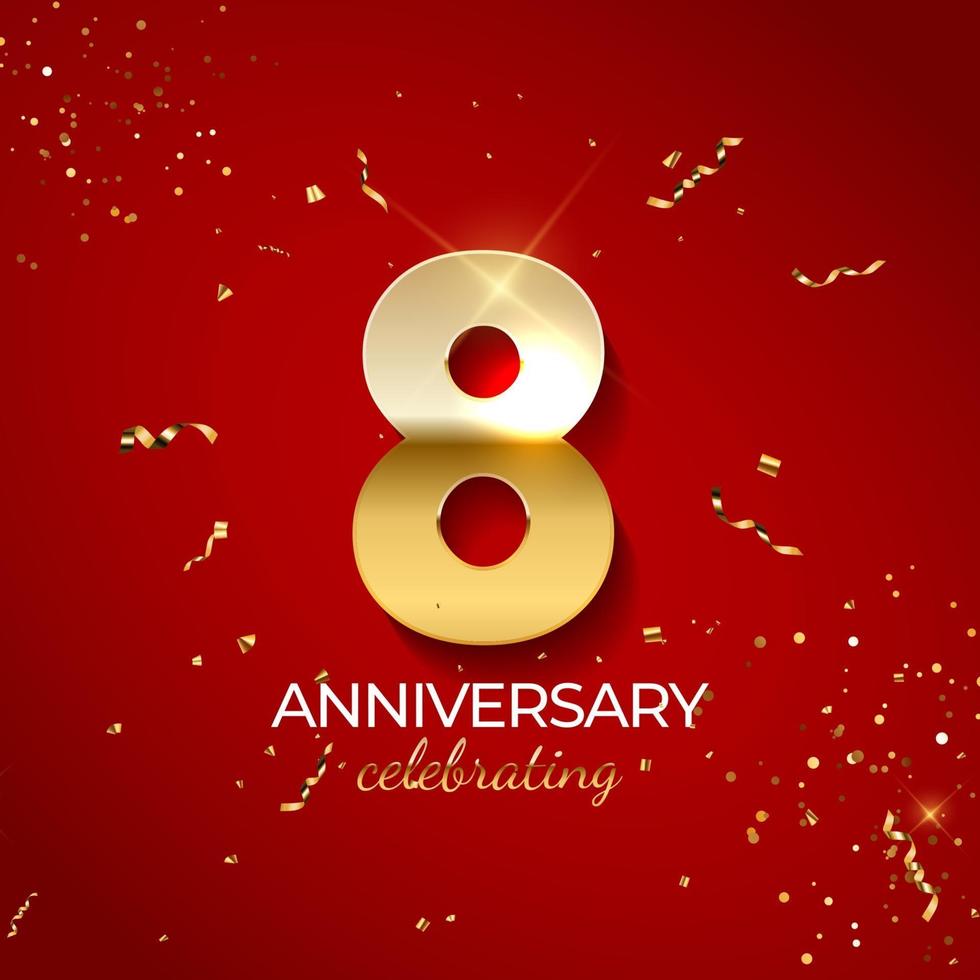 Anniversary celebration decoration. Golden number 8 with confetti, glitters and streamer ribbons on red background. Vector illustration