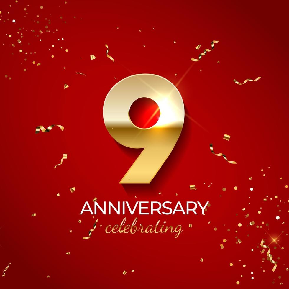 Anniversary celebration decoration. Golden number 9 with confetti, glitters and streamer ribbons on red background. Vector illustration