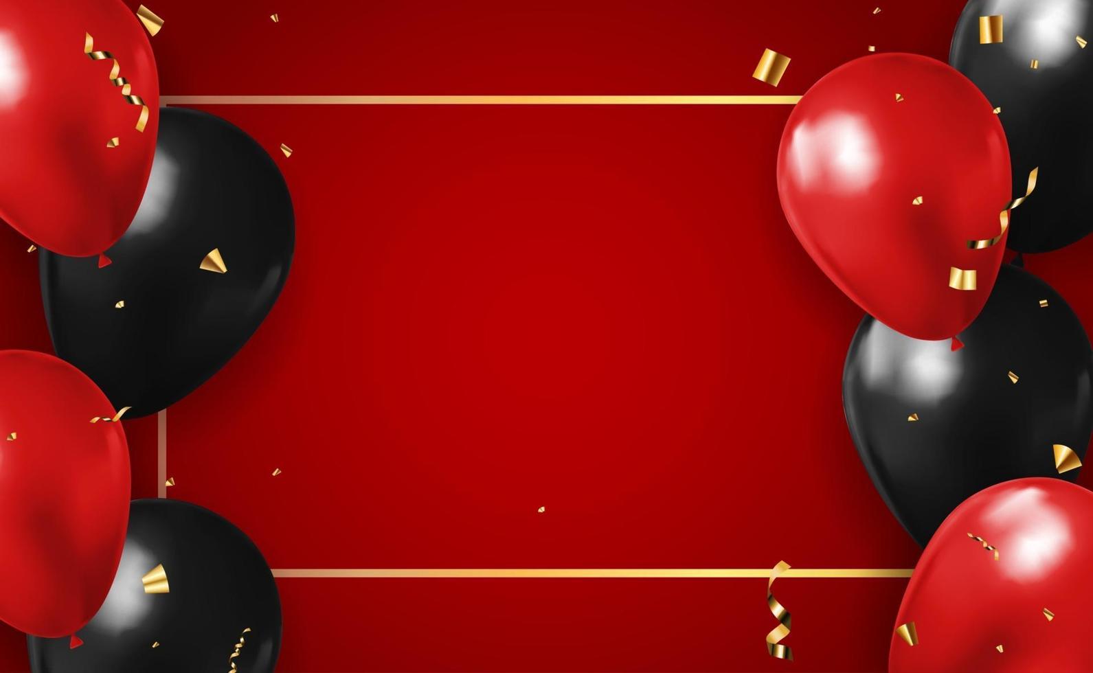 Realistic 3d red background with balloons and confetti, holiday, birthday, promotion card, poster. Vector Illustration