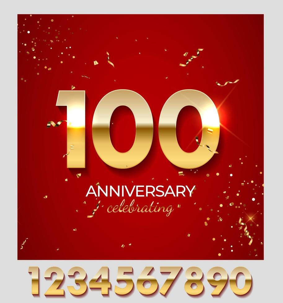 Anniversary celebration decoration. Golden number 100 with confetti, glitters and streamer ribbons on red background. Vector illustration