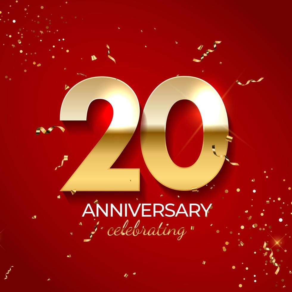 Anniversary celebration decoration. Golden number 20 with confetti, glitters and streamer ribbons on red background. Vector illustration