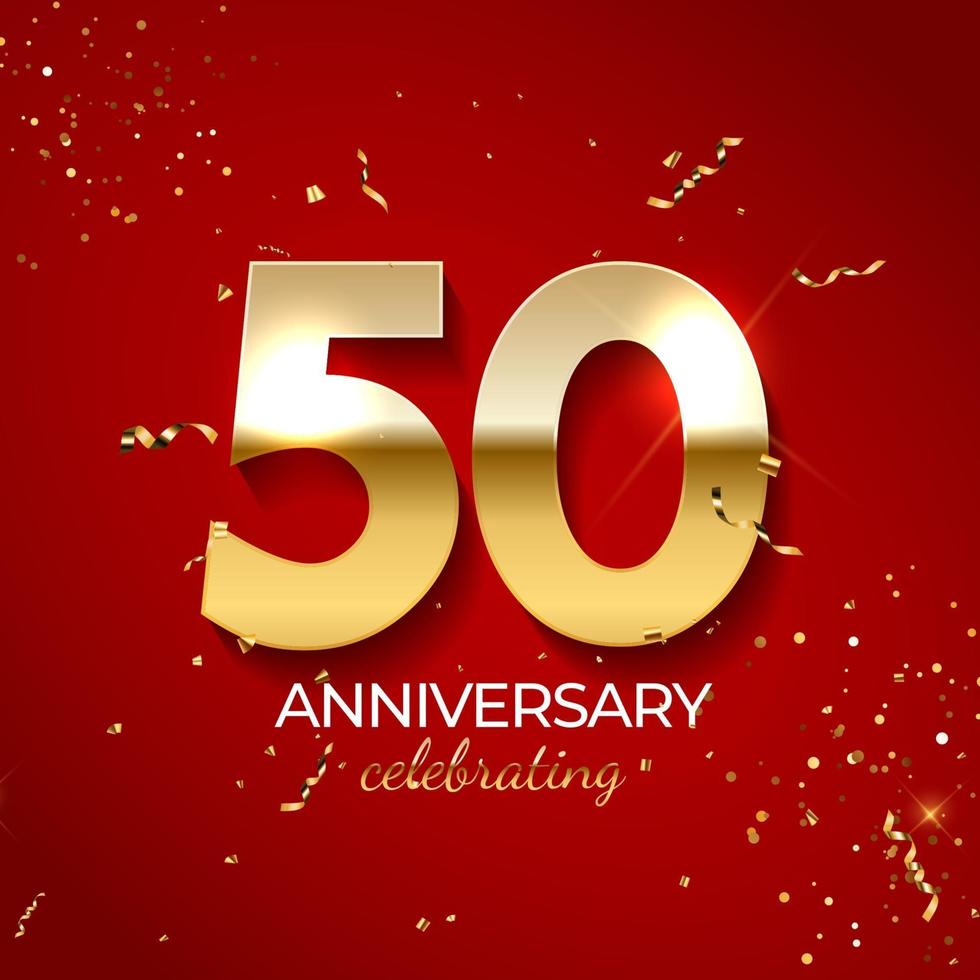 Anniversary celebration decoration. Golden number 50 with confetti, glitters and streamer ribbons on red background. Vector illustration