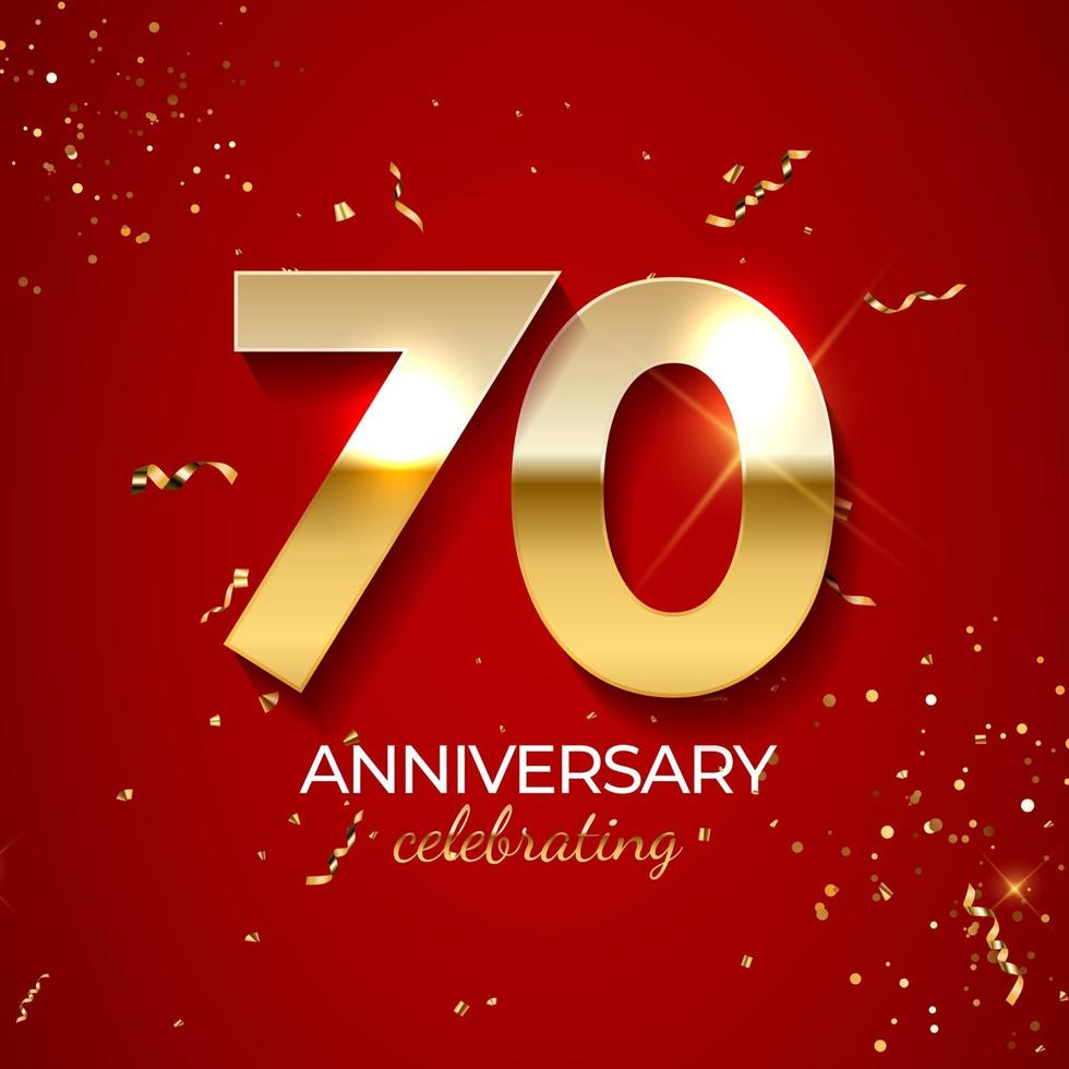 Anniversary celebration decoration. Golden number 70 with confetti, glitters and streamer ribbons on red background. Vector illustration