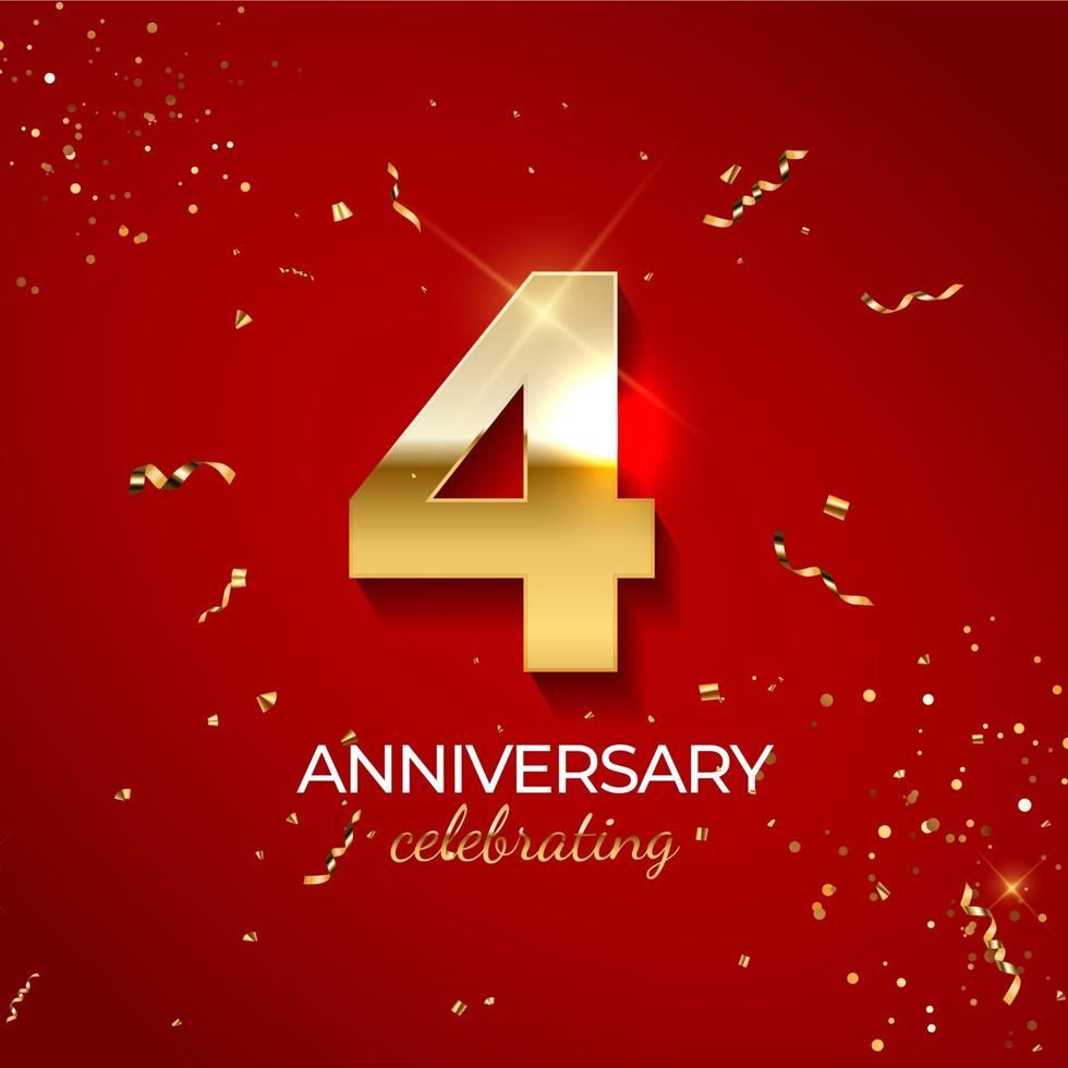 Anniversary celebration decoration. Golden number 4 with confetti, glitters and streamer ribbons on red background. Vector illustration