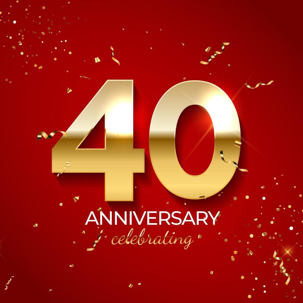 Anniversary celebration decoration. Golden number 40 with confetti, glitters and streamer ribbons on red background. Vector illustration