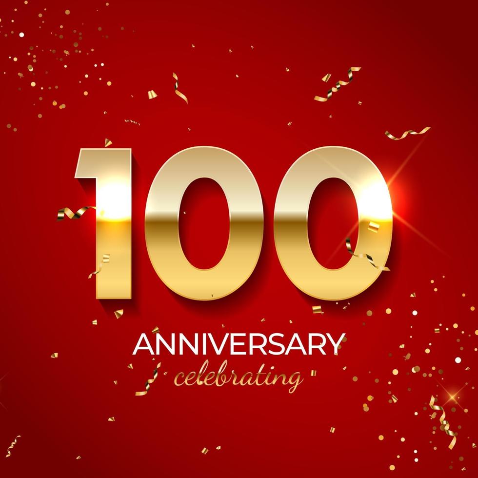 Anniversary celebration decoration. Golden number 100 with confetti, balloons, glitters and streamer ribbons on red background. Vector illustration