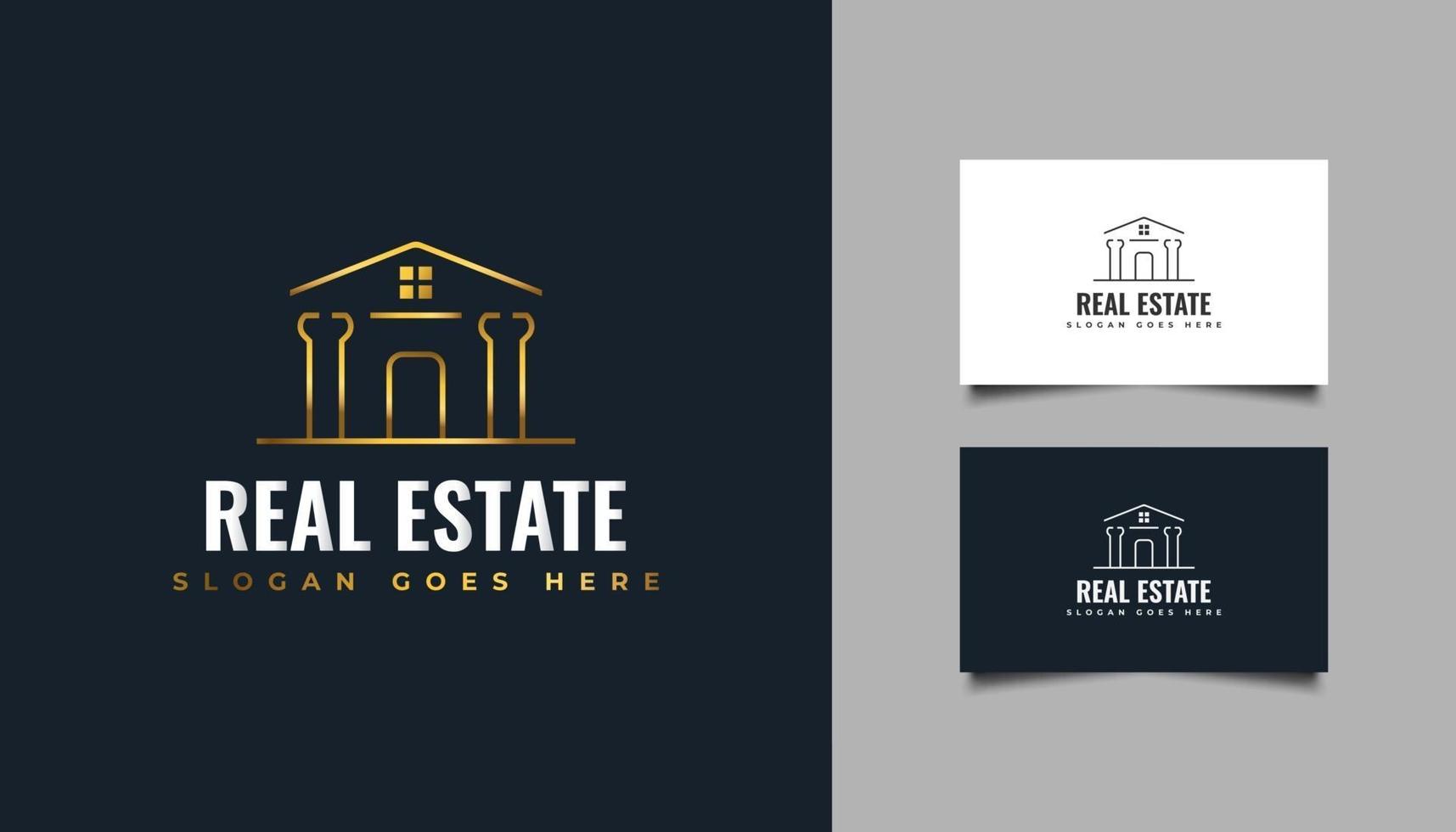 Luxury Gold Real Estate Logo in Line Style. Gold Mansion Logo. Construction, Architecture or Building Logo Design Template vector