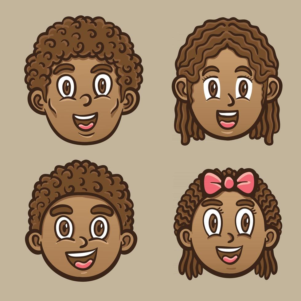 niños negros felices e ilustración de emoticonos de personaje adulto vector