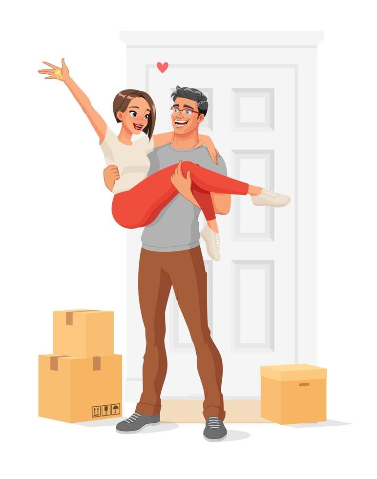 Hombre feliz que lleva a su esposa cerca de su nuevo hogar aislado ilustración vectorial vector