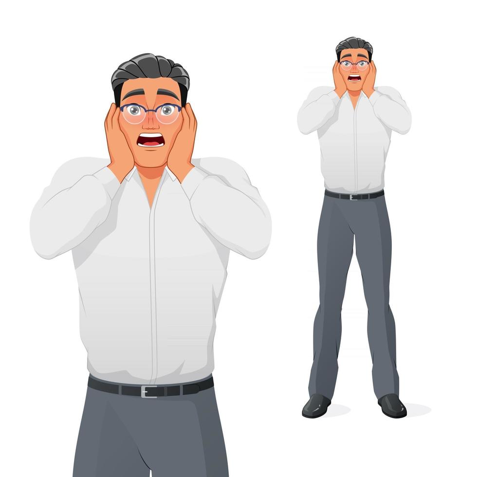 Terrified businessman holding his head in panic isolated vector illustration