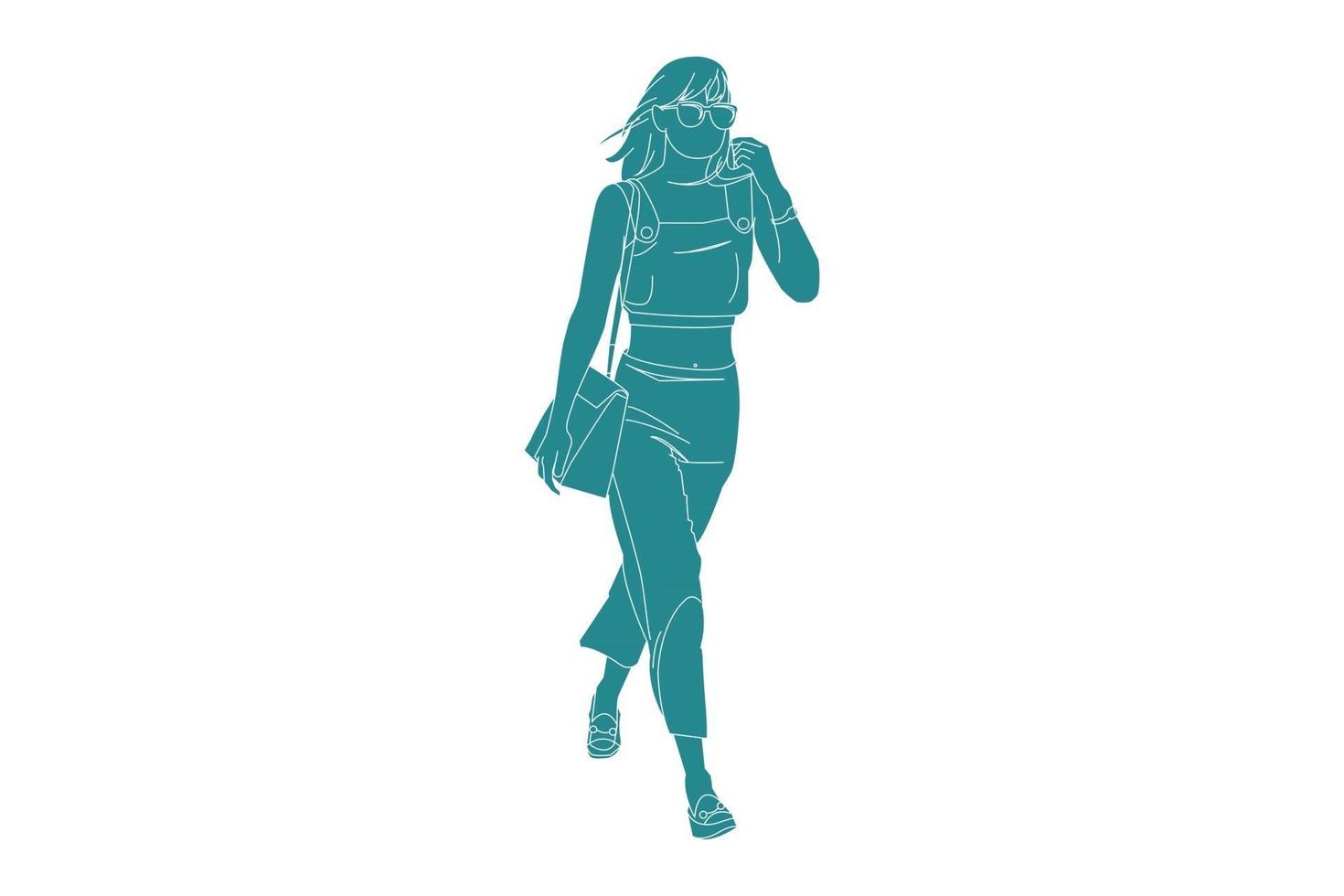 Ilustración vectorial de mujer caminando mientras lleva una bolsa, estilo plano con contorno vector