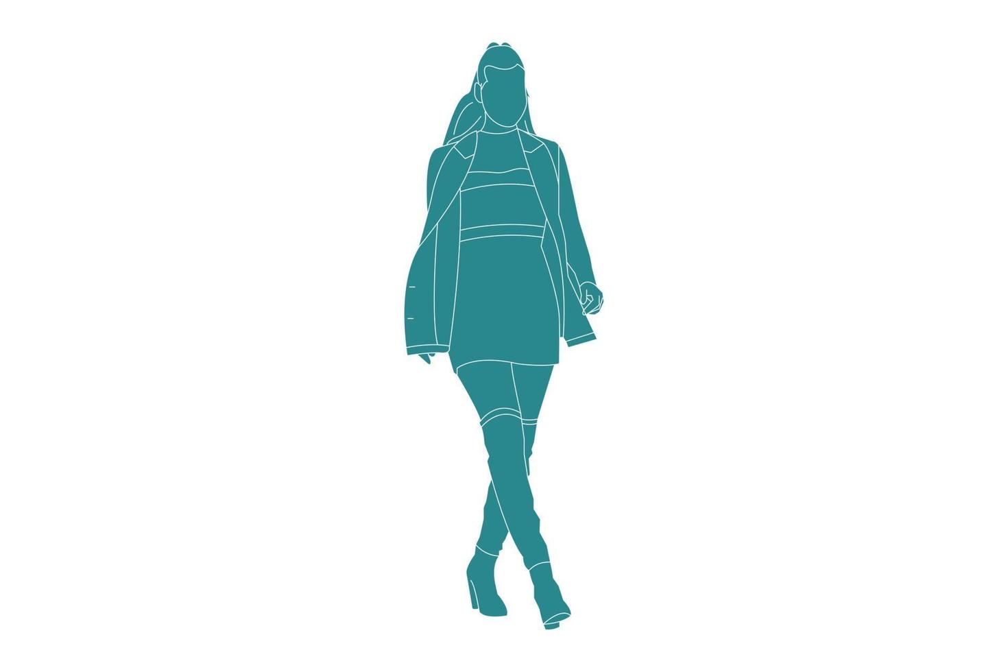 Vector illustration woman posing at sidewalk, Flat style with outline