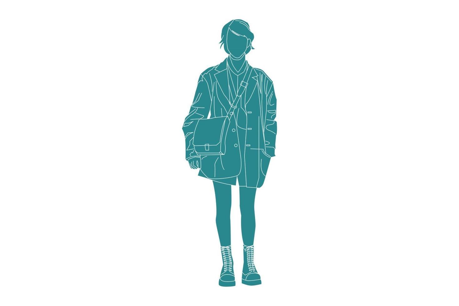 Vector illustration fashionable woman posing at sideroad, Flat style with outline