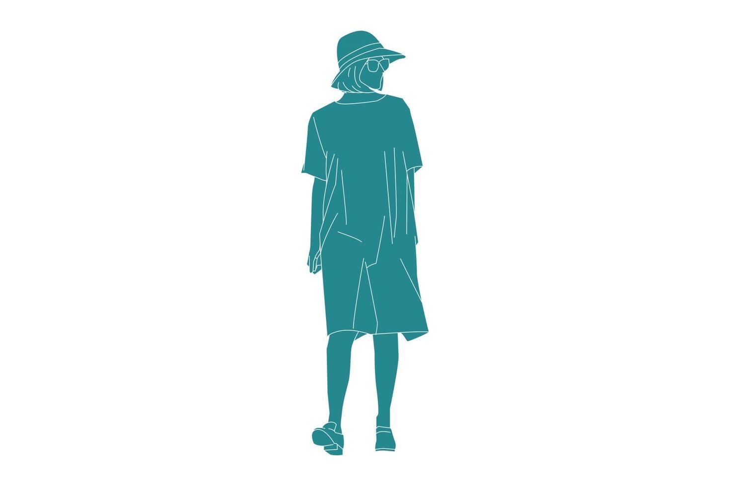 Vector illustration of fashionable women walking on the beach, Flat style with outline