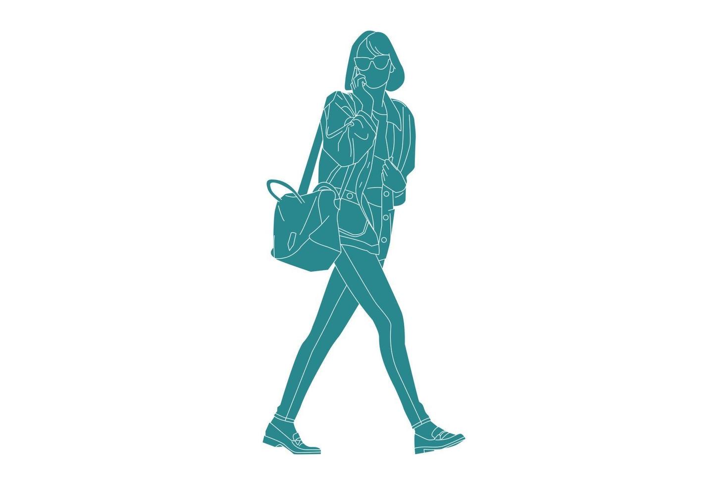 Ilustración vectorial de mujeres casuales caminando por la calle lateral y levantar el teléfono, estilo plano con contorno vector