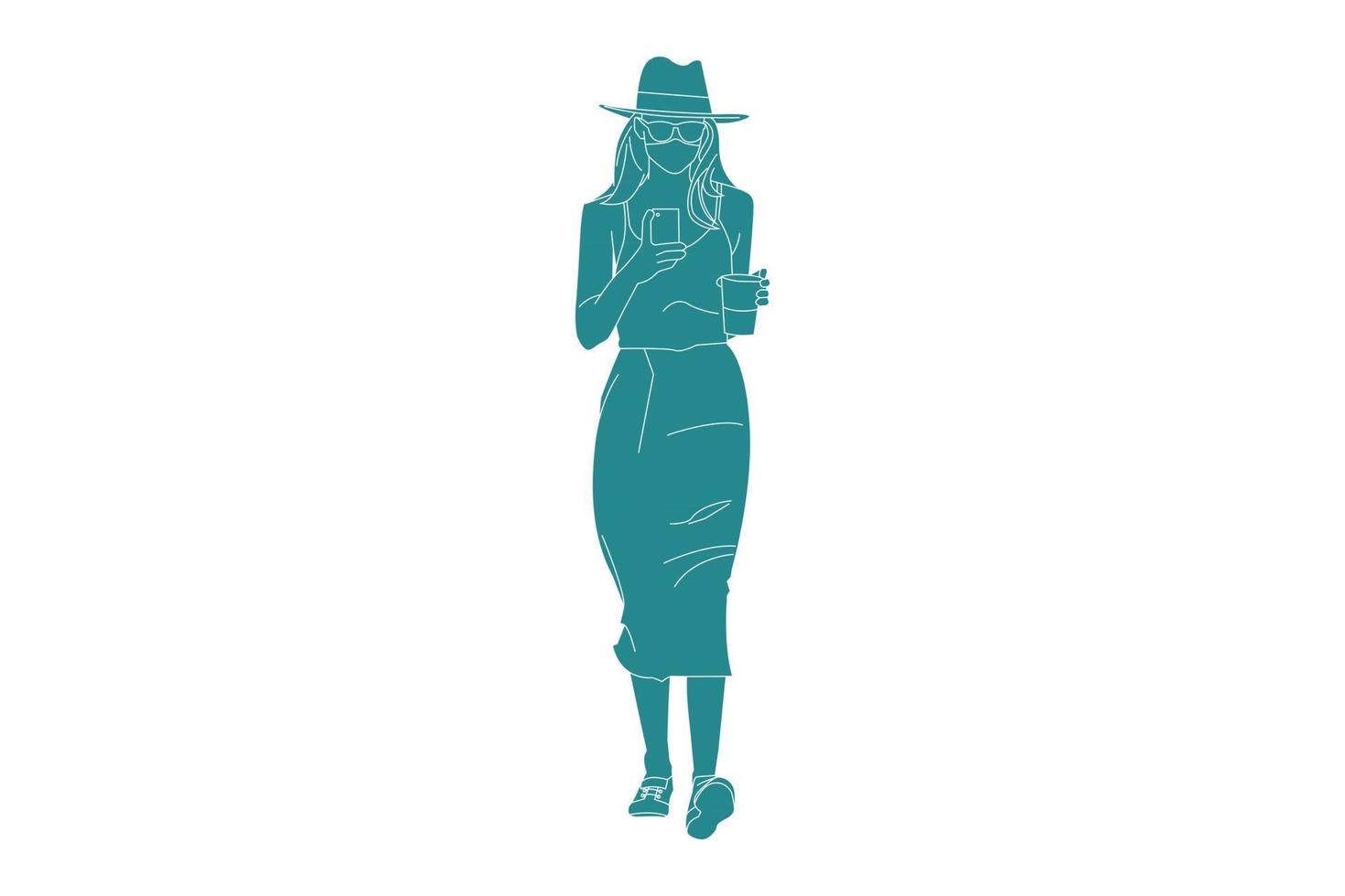 Ilustración vectorial de mujer casual con falda sosteniendo telefono, estilo plano con contorno vector