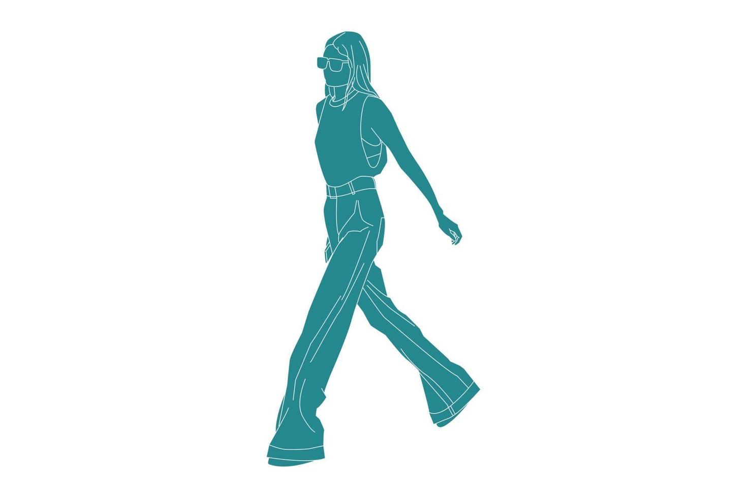 Ilustración vectorial de mujer caminando sobre la acera, estilo plano con contorno vector