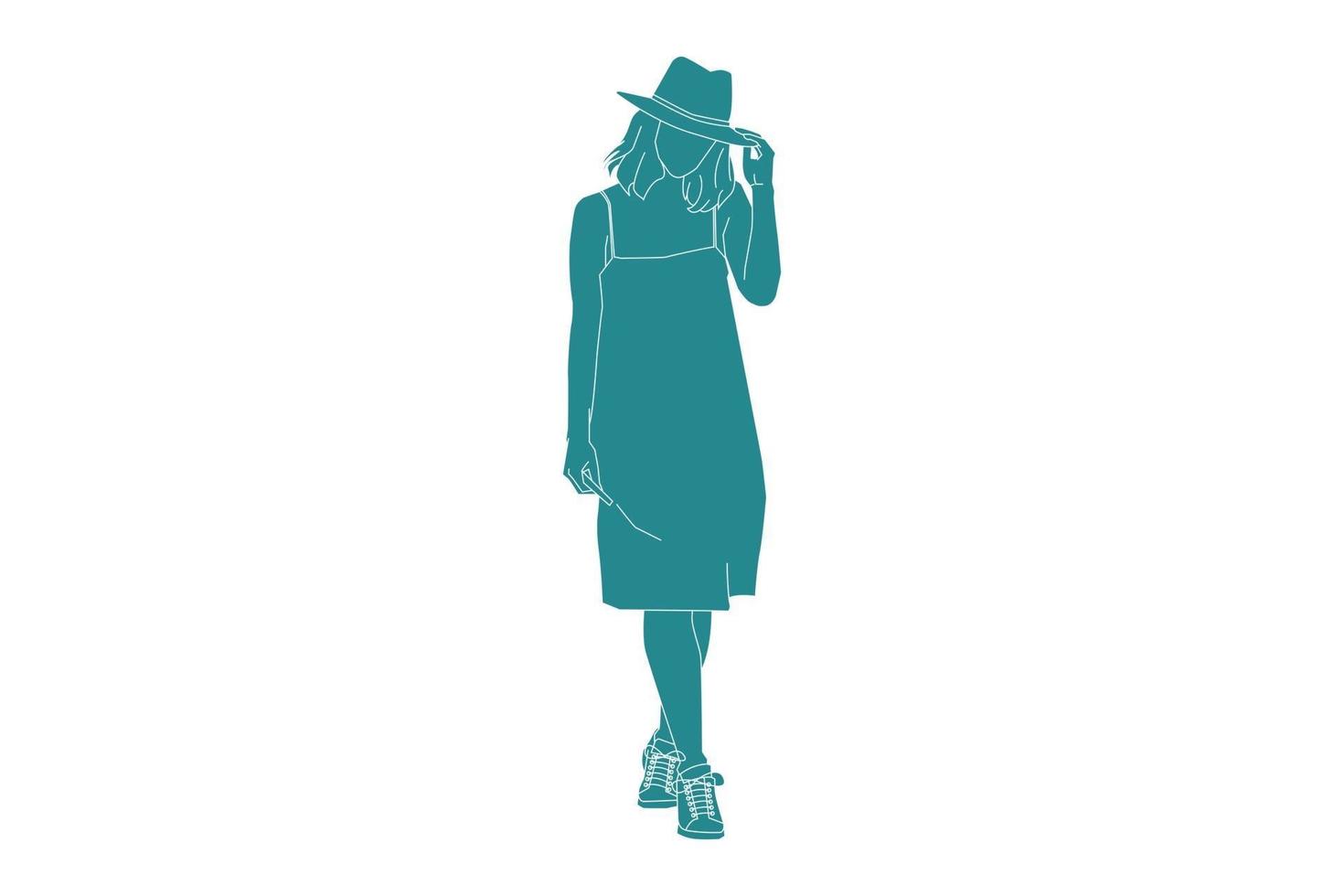 Ilustración vectorial de mujer de moda con vestido y zapatillas, estilo plano con contorno vector
