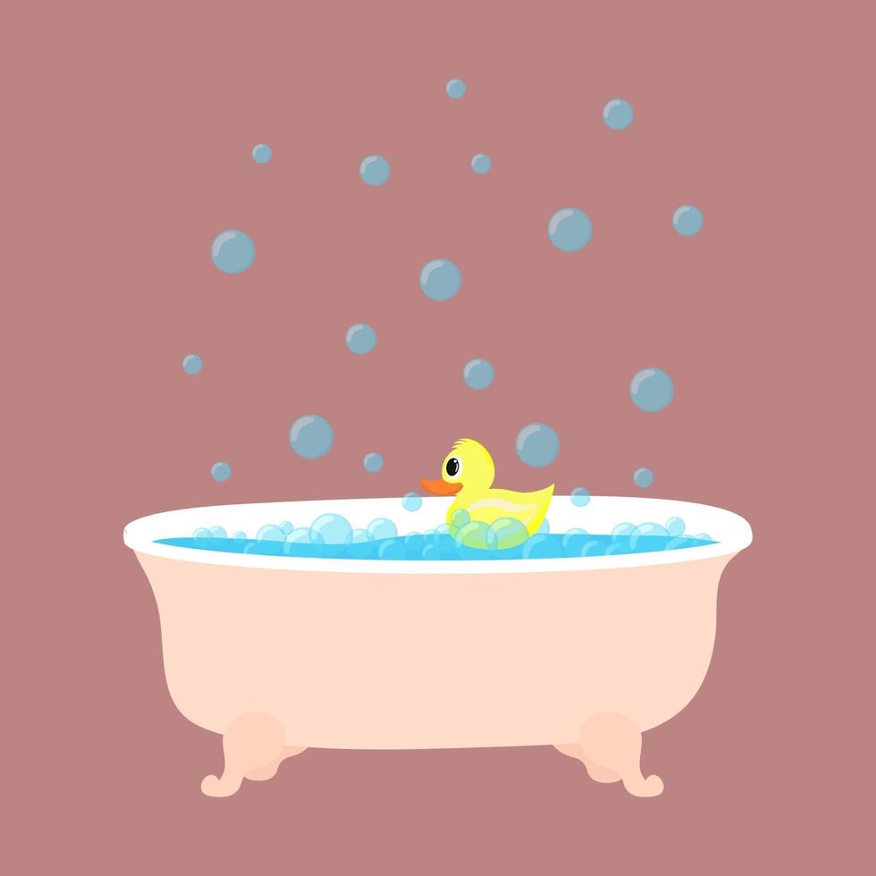 bañera con espuma de jabón y burbujas aisladas. pato de goma nada en la bañera. ilustración vectorial vector