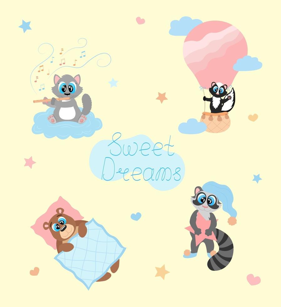 Sweat dreams kid poster. Cartoon smiling animals. Cute characters for baby room, nursery. Vector set illustration in pastel colors