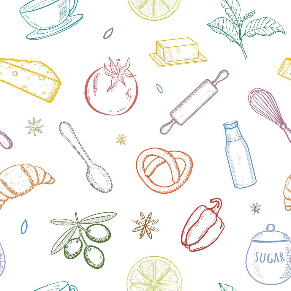 Seamless pattern with kitchen hand drawn sketch utensils, fruits and vegetables. Vector illustration.