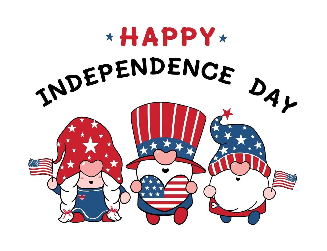 Cute Three America Gnomes 4th July Summer theme cartoon doodle vector illustration