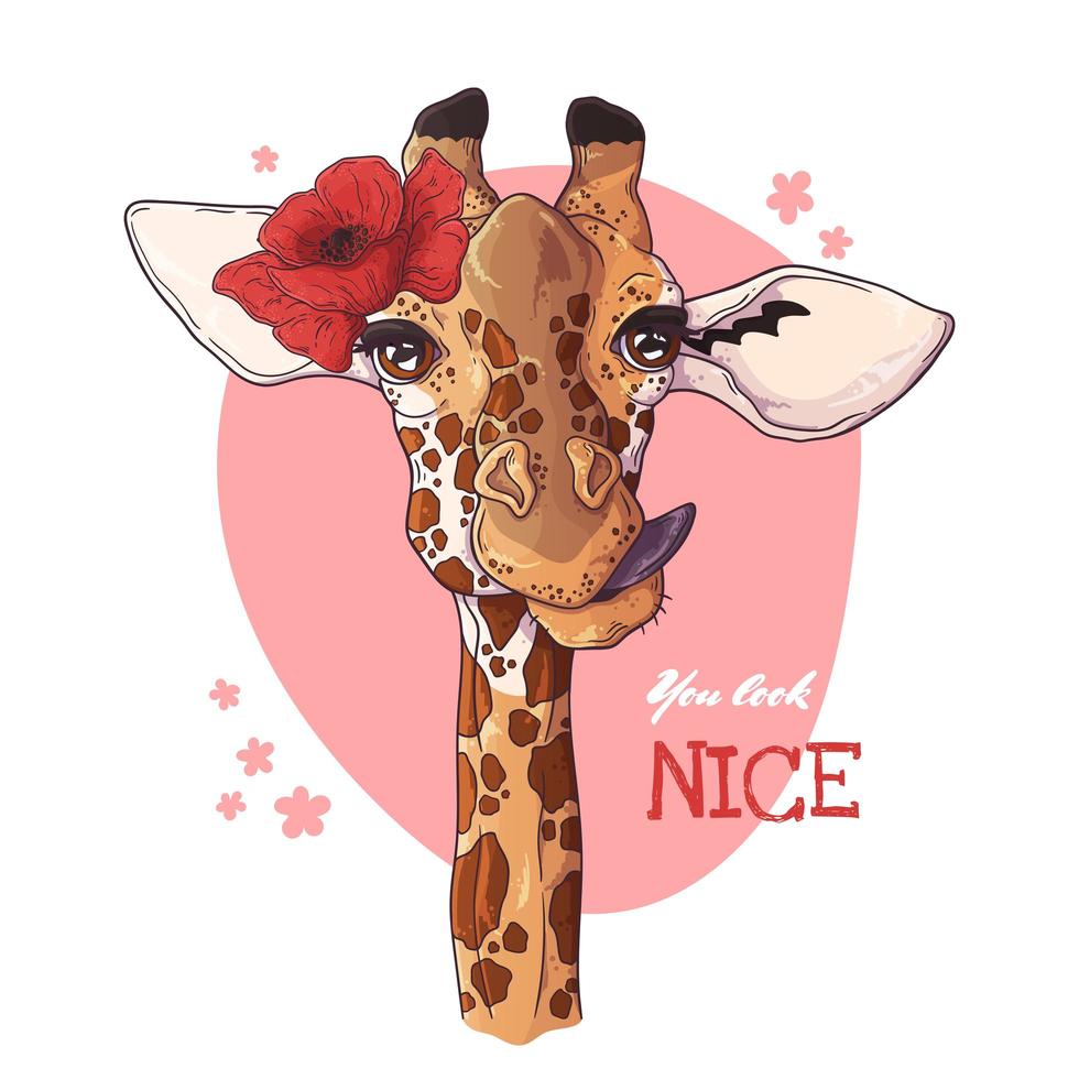 Vector sketching illustrations. Portrait of giraffe with poppy.