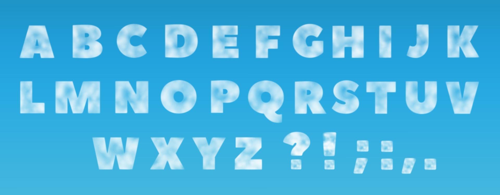 Alphabet from clouds on a blue background Realistic vector illustration