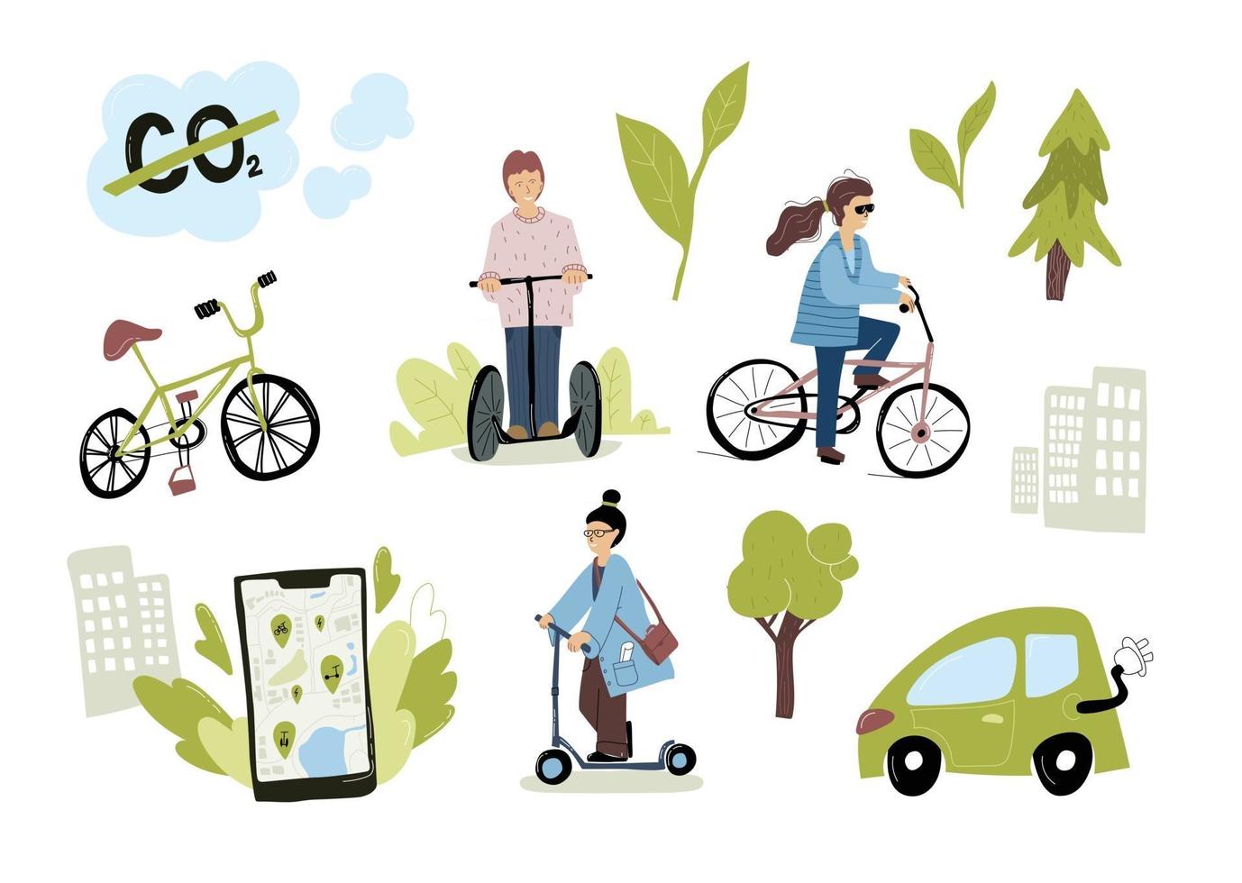 Eco Urban City Transport Set. Woman riding electric kick scooter bicycles using rental service mobile app. Transportation Ecology Concept vector