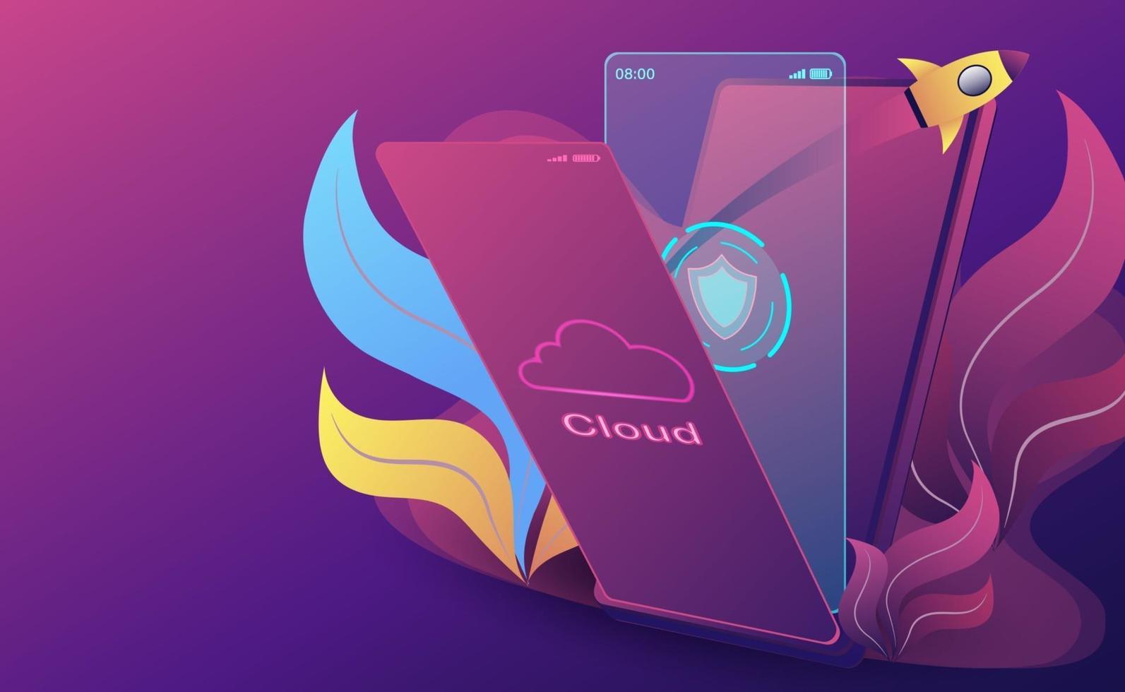 Cloud technology concept. online computing technology. big data flow processing concept. vector
