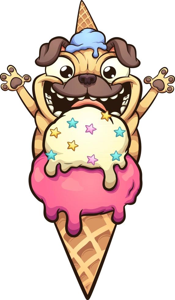 Perro pug feliz a punto de comer helado vector