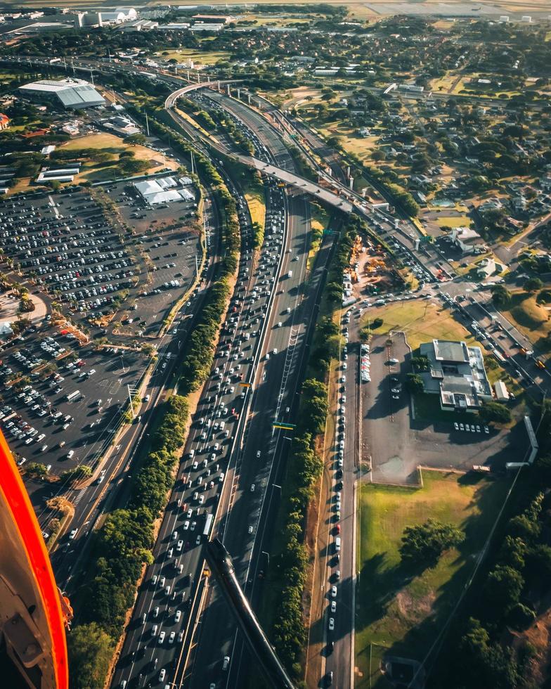 Helicopter aerial view of traffic in Honolulu, Oahu, Hawaii photo